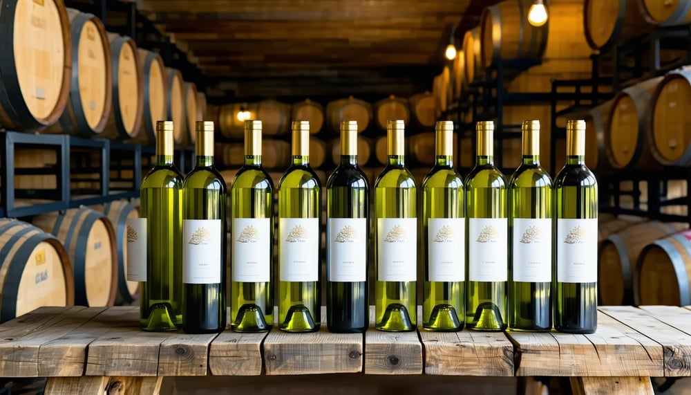 Botellas de vino blanco en una bodega pequeña Botellas de vino blanco en una bodega pequeña